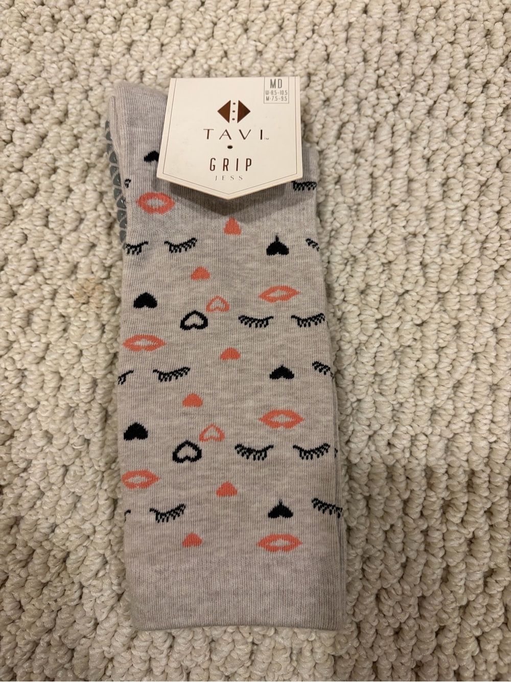 Tavi Grip Women's Crew Socks - Light Gray with Coral & Black Accents